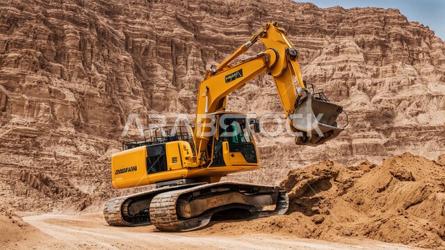 مفهوم مشاريع البناء والانشاء الكبيرة, جرافة هيدروليكية تقوم بأحد اعمال التعدين لنقل وتفريغ التراب في الأماكن الجبلية في المملكة العربية السعودية, مهن ووظائف هندسية صناعية, استخدام الآلات والمعدات الثقيلة في المناطق الوعرة في وقت النهار