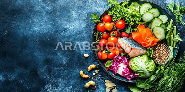  فنون التقديم في مطاعم ومطابخ المملكة العربيه السعودية، وجبات الطعام السريعة الصحية، صورة مقربة لقطعة من سمك فيليه السلمون مع الخضار الطازجة، أطباق المقبلات الشهية، المأكولات و الكائنات البحريه اللذيذة, خلفية زرقاء