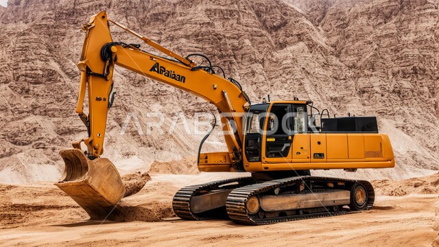 جرافة هيدروليكية تقوم بأحد اعمال التعدين لنقل وتفريغ التراب في الأماكن الجبلية في المملكة العربية السعودية, مهن ووظائف هندسية صناعية, استخدام الآلات والمعدات الثقيلة في المناطق الوعرة في النهار, مفهوم مشاريع البناء والانشاء الكبيرة