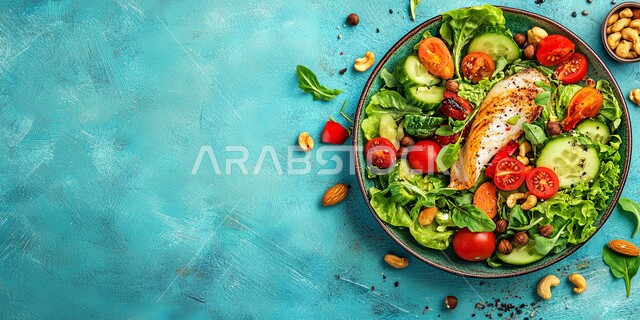 أطباق المقبلات الشهية، فنون التقديم في مطاعم ومطابخ المملكة العربيه السعودية، وجبات الطعام السريعة الصحية، صورة مقربة لوعاء من سلطة الخضار مع قطعة من سمك فيليه السلمون المشوية الطازجة، المأكولات و الكائنات البحريه اللذيذة, خلفية زرقاء