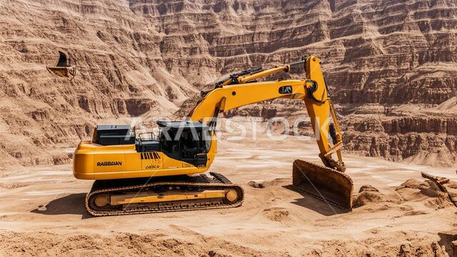 مفهوم مشاريع البناء والانشاء الكبيرة, جرافة هيدروليكية تقوم بأحد اعمال التعدين لنقل وتفريغ التراب في الأماكن الجبلية في المملكة العربية السعودية, مهن ووظائف هندسية صناعية, استخدام الآلات والمعدات الثقيلة في المناطق الوعرة في وقت النهار