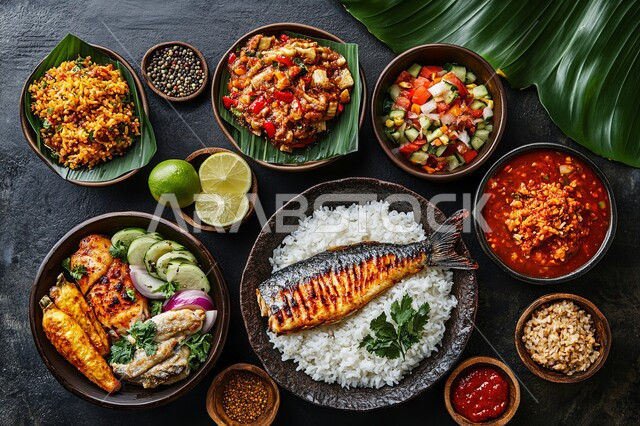 طبق من الأرز المزين بالسمك المشوي، فنون تقديم الأطعمة الأطعمة البحرية، وصفات وأطباق طعام شعبية لذيذة، مطاعم للمأكولات العربية الخليجية السعودية المشهورة،  طرق مميزة لتقديم الطعام والمقبلات، وجبات صحية بطرائق شهية 