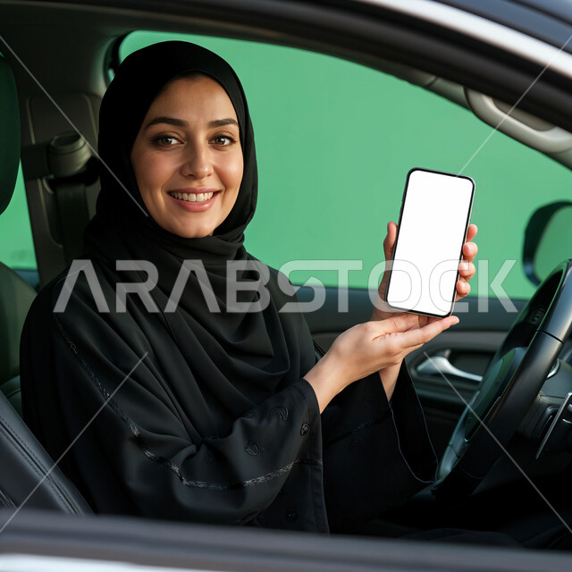 القيادة في الطرقات والشوارع العامة, الاستفادة من تطبيقات الدرايف ثرو عبر الجوال, عرض الهاتف المحمول بشاشة بيضاء فارغة, بورتريه مقرب لإمرأة عربية خليجية سعودية ترتدي العباءة السوداء تجلس في السيارة, دمج التقنية والتكنولوجيا مع الحياة العملية, خلفية خضراء