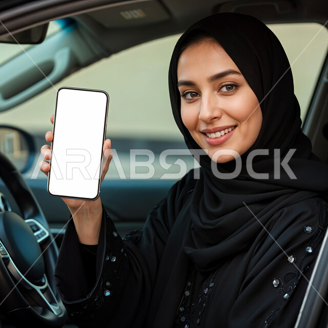 الاستفادة من تطبيقات الدرايف ثرو عبر الجوال, عرض الهاتف المحمول بشاشة بيضاء فارغة, صورة مقربة لإمرأة عربية خليجية سعودية ترتدي العباءة السوداء تجلس في السيارة, دمج التقنية والتكنولوجيا مع الحياة العملية, القيادة في الطرقات والشوارع العامة