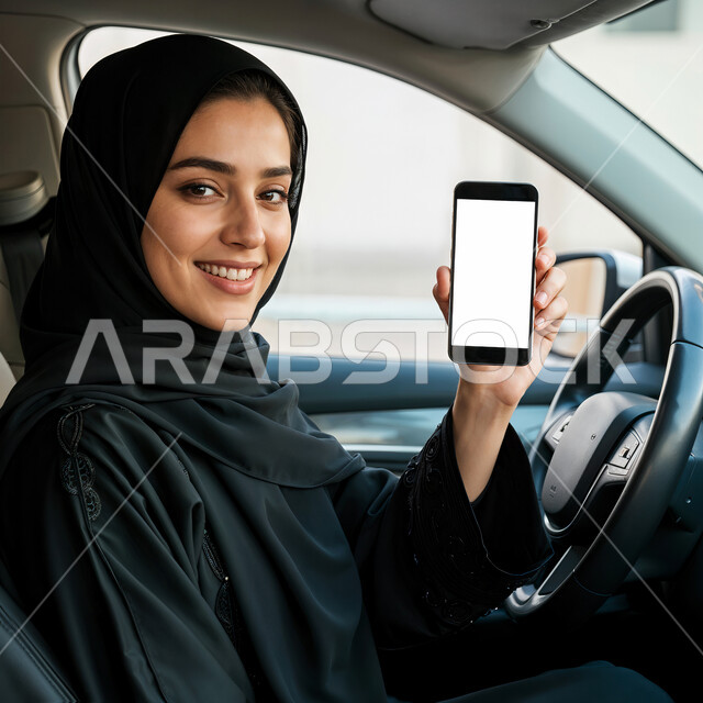 الاستفادة من تطبيقات الدرايف ثرو عبر الجوال, عرض الهاتف المحمول بشاشة بيضاء فارغة, صورة مقربة لإمرأة عربية خليجية سعودية ترتدي العباءة السوداء تجلس في السيارة, دمج التقنية والتكنولوجيا مع الحياة العملية, القيادة في الطرقات والشوارع العامة