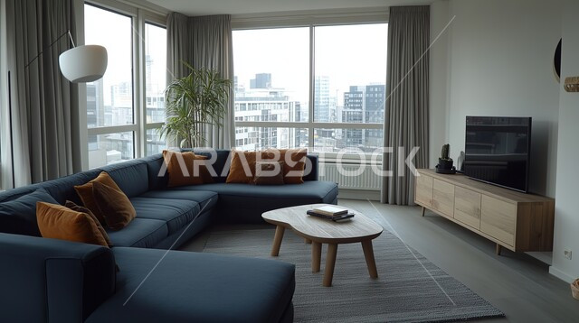 High-end designs for comfortable living rooms in modern style, huge glass facades and windows, the concept of elegance, tranquility and comfort, interior decorations for living rooms, luxury home furniture, villas and residential apartments in the Kingdom of Saudi Arabia, modern accessories and antiques