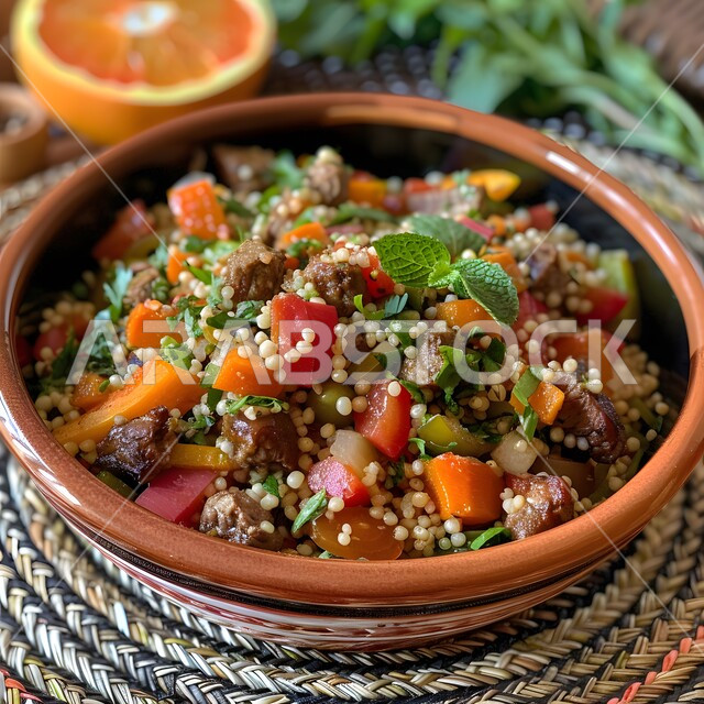 وجبة ذات قيمة غذائية عالية ،مطاعم للمأكولات الشرقية في المملكة العربية السعودية  ،صورة مقربة لطبق من اللحم البقري مع الزيتون والخضروات  الشهية ،وصفات المطبخ السعودي الغني بالنكهات ،أطعمة غنية بالبروتين