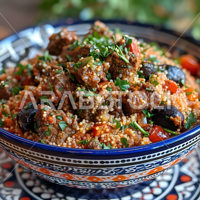 A meal with high nutritional value, Oriental food restaurants in Saudi Arabia, a close-up of a plate of beef with olives and delicious vegetables, recipes for the Saudi cuisine rich in flavors, foods rich in protein