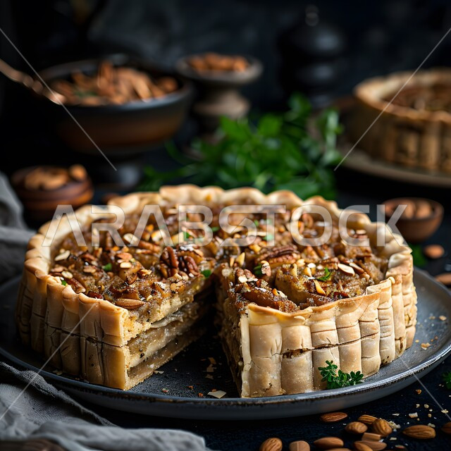 إتقان مهارة إعداد المخبوزات والمعجنات في مطابخ المملكة العربية السعودية ،صورة مقربة لفطيرة مغطاة باللوز والجوز الهشة الشهية  ،فن تقديم الأطباق في المطاعم ،مكونات ووصفات عربية