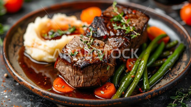 Restaurants and kitchens of the Kingdom of Saudi Arabia, traditional Arab dishes, famous popular foods, recipes for delicious dishes and meals, a close-up of a grilled steak with mashed potatoes and green beans