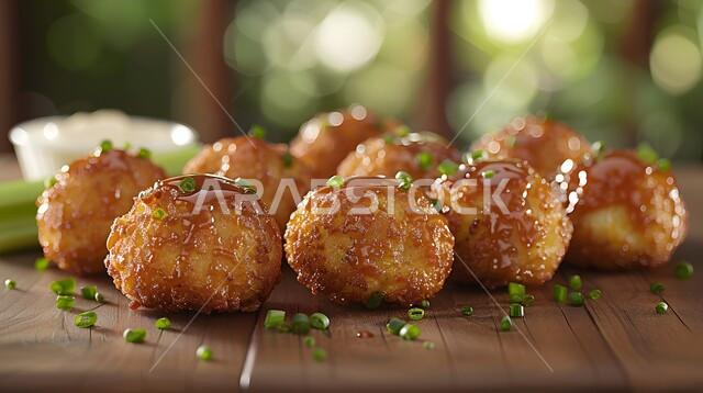 Restaurants and kitchens of the Kingdom of Saudi Arabia, traditional Arabic dishes, famous popular foods, recipes for delicious dishes and meals, a close-up of a plate of golden brown buffalo chicken pieces with green onions