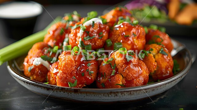 وصفات أطباق و وجبات الطعام الشهية, مطاعم و مطابخ المملكة العربية السعودية, أكلات عربية تقليدية, المأكولات الشعبية المشهورة, صورة مقربة لطبق قطع القرنبيط الحارة مع صلصة الرانش