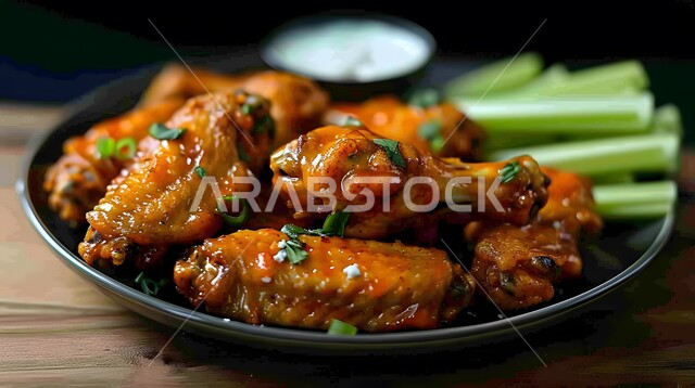 وصفات أطباق و وجبات الطعام الشهية, مطاعم و مطابخ المملكة العربية السعودية, أكلات عربية تقليدية, المأكولات الشعبية المشهورة, صورة مقربة لطبق أجنحة الدجاج اللذيذة مع أعواد الكرفس