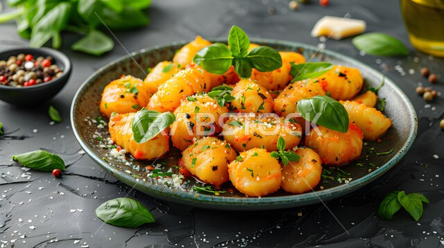 مطاعم و مطابخ المملكة العربية السعودية, أكلات عربية تقليدية, المأكولات الشعبية المشهورة, وصفات أطباق و وجبات الطعام الشهية, صورة مقربة لطبق نيوتشي مع صلصة الطماطم والريحان