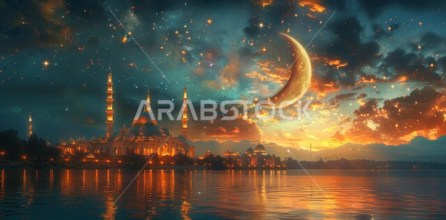 المناسبات والأعياد الدينية الإسلامية، رسوم توضيحية ثلاثية الأبعاد للمساجد المضيئة ليلا امام ماء البحر، الاحتفال بقدوم شهر الخير، مفهوم العبادة والتقرب إلى الله تعالى، منظر هلال رمضان المبارك مع النجوم في السماء