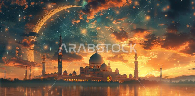 المناسبات والأعياد الدينية الإسلامية، رسوم توضيحية ثلاثية الأبعاد للمساجد المضيئة ليلا امام ماء البحر، الاحتفال بقدوم شهر الخير، مفهوم العبادة والتقرب إلى الله تعالى، منظر هلال رمضان المبارك مع النجوم في السماء