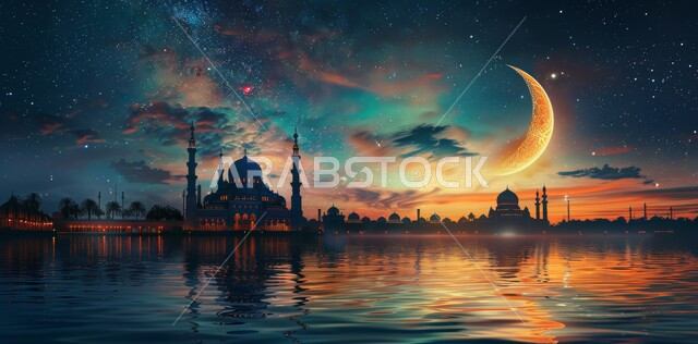 المناسبات والأعياد الدينية الإسلامية، رسوم توضيحية ثلاثية الأبعاد للمساجد المضيئة ليلا امام ماء البحر، الاحتفال بقدوم شهر الخير، مفهوم العبادة والتقرب إلى الله تعالى، منظر هلال رمضان المبارك مع النجوم في السماء