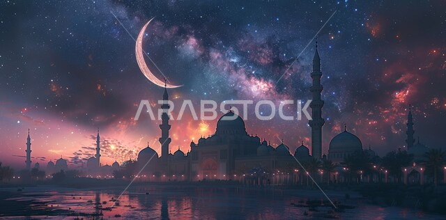 المناسبات والأعياد الدينية الإسلامية، رسوم توضيحية ثلاثية الأبعاد للمساجد المضيئة ليلا امام ماء البحر، الاحتفال بقدوم شهر الخير، مفهوم العبادة والتقرب إلى الله تعالى، منظر هلال رمضان المبارك مع النجوم في السماء