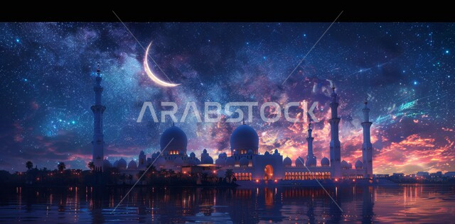 المناسبات والأعياد الدينية الإسلامية، رسوم توضيحية ثلاثية الأبعاد للمساجد المضيئة ليلا امام ماء البحر، الاحتفال بقدوم شهر الخير، مفهوم العبادة والتقرب إلى الله تعالى، منظر هلال رمضان المبارك مع النجوم في السماء