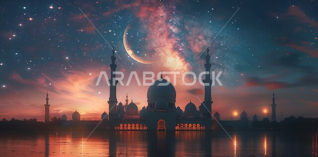 المناسبات والأعياد الدينية الإسلامية، رسوم توضيحية ثلاثية الأبعاد للمساجد المضيئة ليلا امام ماء البحر، الاحتفال بقدوم شهر الخير، مفهوم العبادة والتقرب إلى الله تعالى، منظر هلال رمضان المبارك مع النجوم في السماء