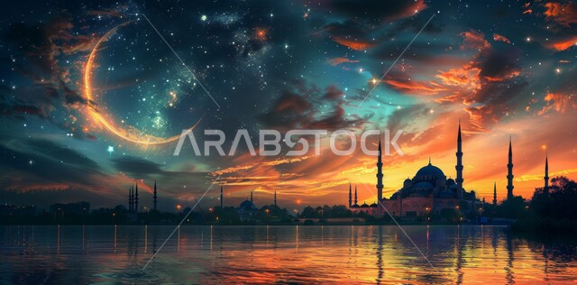 المناسبات والأعياد الدينية الإسلامية، رسوم توضيحية ثلاثية الأبعاد للمساجد المضيئة ليلا امام ماء البحر، الاحتفال بقدوم شهر الخير، مفهوم العبادة والتقرب إلى الله تعالى، منظر هلال رمضان المبارك مع النجوم في السماء