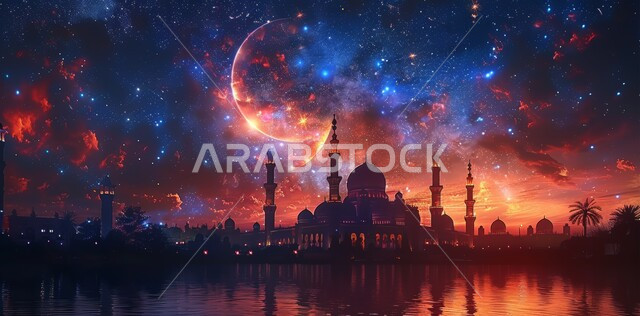 المناسبات والأعياد الدينية الإسلامية، رسوم توضيحية ثلاثية الأبعاد للمساجد المضيئة ليلا امام ماء البحر، الاحتفال بقدوم شهر الخير، مفهوم العبادة والتقرب إلى الله تعالى، منظر هلال رمضان المبارك مع النجوم في السماء