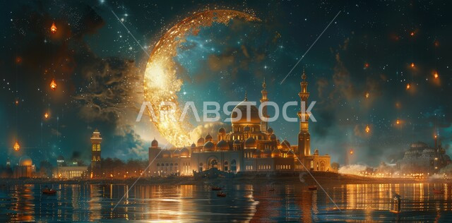 المناسبات والأعياد الدينية الإسلامية، رسوم توضيحية ثلاثية الأبعاد للمساجد المضيئة ليلا امام ماء البحر، الاحتفال بقدوم شهر الخير، مفهوم العبادة والتقرب إلى الله تعالى، منظر هلال رمضان المبارك مع النجوم في السماء