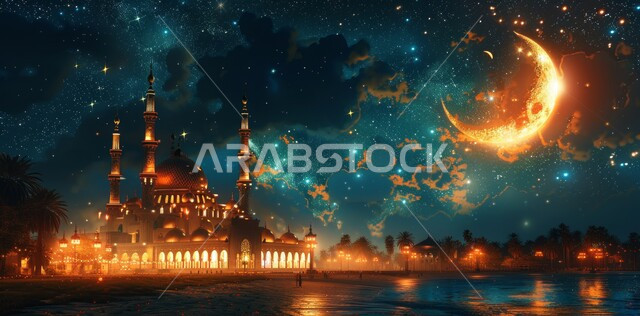 الأعياد و المناسبات الدينية الإسلامية، رسوم توضيحية ثلاثية الأبعاد للمساجد المضيئة ليلا امام ماء البحر، الاحتفال بقدوم شهر الخير، مفهوم العبادة والتقرب إلى الله تعالى، منظر هلال رمضان المبارك مع النجوم في السماء