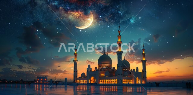الأعياد و المناسبات الدينية الإسلامية، رسوم توضيحية ثلاثية الأبعاد للمساجد المضيئة ليلا امام ماء البحر، الاحتفال بقدوم شهر الخير، مفهوم العبادة والتقرب إلى الله تعالى، منظر هلال رمضان المبارك مع النجوم في السماء