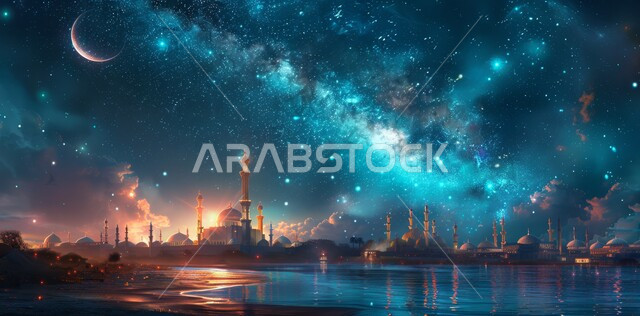 الأعياد و المناسبات الدينية الإسلامية، رسوم توضيحية ثلاثية الأبعاد للمساجد المضيئة ليلا امام ماء البحر، الاحتفال بقدوم شهر الخير، مفهوم العبادة والتقرب إلى الله تعالى، منظر هلال رمضان المبارك مع النجوم في السماء