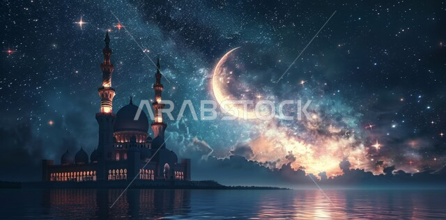 الأعياد و المناسبات الدينية الإسلامية، رسوم توضيحية ثلاثية الأبعاد للمساجد المضيئة ليلا امام ماء البحر، الاحتفال بقدوم شهر الخير، مفهوم العبادة والتقرب إلى الله تعالى، منظر هلال رمضان المبارك مع النجوم في السماء