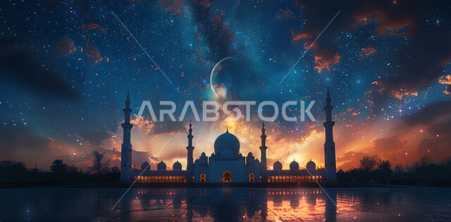 الأعياد و المناسبات الدينية الإسلامية، رسوم توضيحية ثلاثية الأبعاد للمساجد المضيئة ليلا امام ماء البحر، الاحتفال بقدوم شهر الخير، مفهوم العبادة والتقرب إلى الله تعالى، منظر هلال رمضان المبارك مع النجوم في السماء
