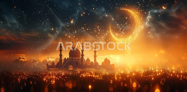 الاحتفال بقدوم شهر الخير، الأعياد و المناسبات الدينية الإسلامية، رسوم توضيحية ثلاثية الأبعاد لقبب ومآذن المساجد المضيئة ليلا، مفهوم العبادة والتقرب إلى الله تعالى، منظر هلال رمضان المبارك في السماء