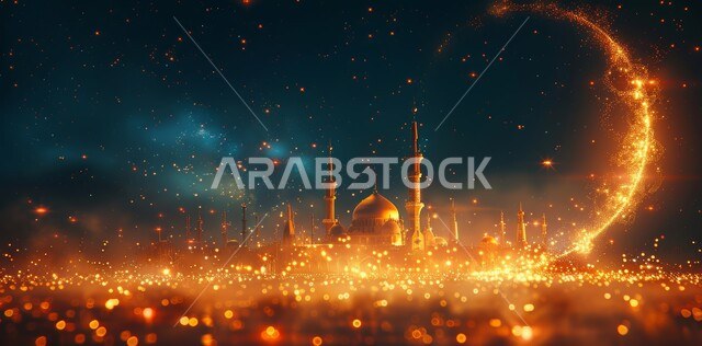 الاحتفال بقدوم شهر الخير، الأعياد و المناسبات الدينية الإسلامية، رسوم توضيحية ثلاثية الأبعاد لقبب ومآذن المساجد المضيئة ليلا، مفهوم العبادة والتقرب إلى الله تعالى، منظر هلال رمضان المبارك في السماء