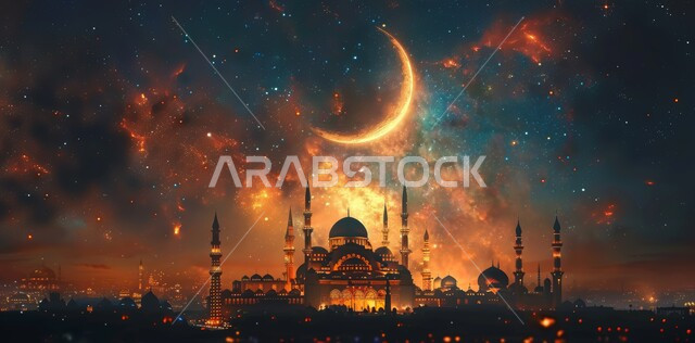 الاحتفال بقدوم شهر الخير، الأعياد و المناسبات الدينية الإسلامية، رسوم توضيحية ثلاثية الأبعاد لقبب ومآذن المساجد المضيئة ليلا، مفهوم العبادة والتقرب إلى الله تعالى، منظر هلال رمضان المبارك في السماء
