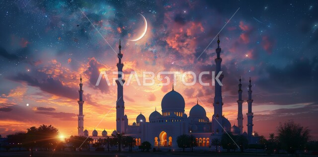 الاحتفال بقدوم شهر الخير، الأعياد و المناسبات الدينية الإسلامية، رسوم توضيحية ثلاثية الأبعاد لقبب ومآذن المساجد المضيئة ليلا، مفهوم العبادة والتقرب إلى الله تعالى، منظر هلال رمضان المبارك في السماء