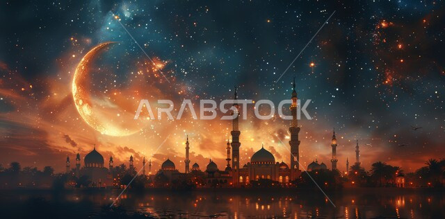 الاحتفال بقدوم شهر الخير، الأعياد و المناسبات الدينية الإسلامية، رسوم توضيحية ثلاثية الأبعاد لقبب ومآذن المساجد المضيئة ليلا، مفهوم العبادة والتقرب إلى الله تعالى، منظر هلال رمضان المبارك في السماء