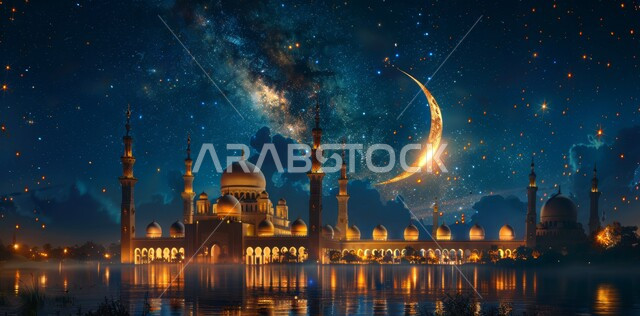 الاحتفال بقدوم شهر الخير، الأعياد و المناسبات الدينية الإسلامية، رسوم توضيحية ثلاثية الأبعاد لقبب ومآذن المساجد المضيئة ليلا، مفهوم العبادة والتقرب إلى الله تعالى، منظر هلال رمضان المبارك في السماء