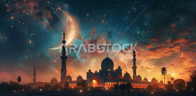 الاحتفال بقدوم شهر الخير، الأعياد و المناسبات الدينية الإسلامية، رسوم توضيحية ثلاثية الأبعاد لقبب ومآذن المساجد المضيئة ليلا، مفهوم العبادة والتقرب إلى الله تعالى، منظر هلال رمضان المبارك في السماء