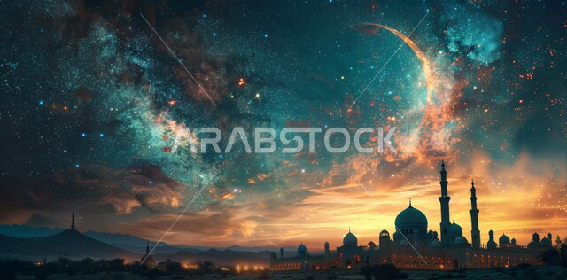 الاحتفال بقدوم شهر الخير، الأعياد و المناسبات الدينية الإسلامية، رسوم توضيحية ثلاثية الأبعاد لقبب ومآذن المساجد المضيئة ليلا، مفهوم العبادة والتقرب إلى الله تعالى، منظر هلال رمضان المبارك في السماء