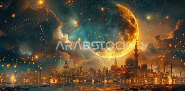 الاحتفال بقدوم شهر الخير، الأعياد و المناسبات الدينية الإسلامية، رسوم توضيحية ثلاثية الأبعاد لقبب ومآذن المساجد المضيئة ليلا، مفهوم العبادة والتقرب إلى الله تعالى، منظر هلال رمضان المبارك في السماء