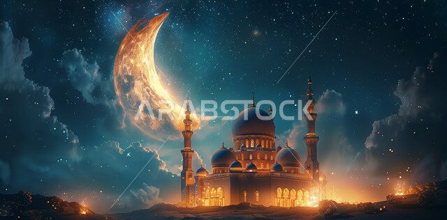 الاحتفال بقدوم شهر الخير، الأعياد و المناسبات الدينية الإسلامية، رسوم توضيحية ثلاثية الأبعاد لقبب ومآذن المساجد المضيئة ليلا، مفهوم العبادة والتقرب إلى الله تعالى، منظر هلال رمضان المبارك في السماء