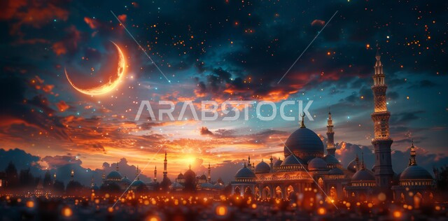 مفهوم العبادة والتقرب إلى الله تعالى، الاحتفال بقدوم شهر الخير، الأعياد و المناسبات الدينية الإسلامية، رسوم توضيحية ثلاثية الأبعاد لقبب ومآذن المساجد المضيئة ليلا، منظر هلال رمضان المبارك في السماء