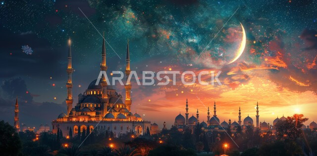 مفهوم العبادة والتقرب إلى الله تعالى، الاحتفال بقدوم شهر الخير، الأعياد و المناسبات الدينية الإسلامية، رسوم توضيحية ثلاثية الأبعاد لقبب ومآذن المساجد المضيئة ليلا، منظر هلال رمضان المبارك في السماء