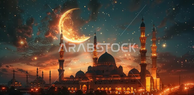 مفهوم العبادة والتقرب إلى الله تعالى، الاحتفال بقدوم شهر الخير، الأعياد و المناسبات الدينية الإسلامية، رسوم توضيحية ثلاثية الأبعاد لقبب ومآذن المساجد المضيئة ليلا، منظر هلال رمضان المبارك في السماء