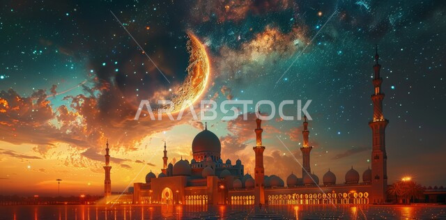 مفهوم العبادة والتقرب إلى الله تعالى، الاحتفال بقدوم شهر الخير، الأعياد و المناسبات الدينية الإسلامية، رسوم توضيحية ثلاثية الأبعاد لقبب ومآذن المساجد المضيئة ليلا، منظر هلال رمضان المبارك في السماء