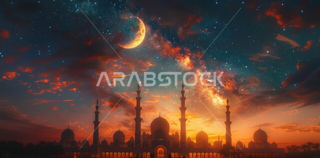 مفهوم العبادة والتقرب إلى الله تعالى، الاحتفال بقدوم شهر الخير، الأعياد و المناسبات الدينية الإسلامية، رسوم توضيحية ثلاثية الأبعاد لقبب ومآذن المساجد المضيئة ليلا، منظر هلال رمضان المبارك في السماء