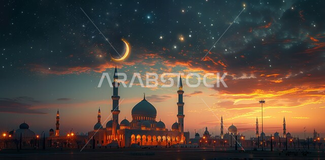 مفهوم العبادة والتقرب إلى الله تعالى، الاحتفال بقدوم شهر الخير، الأعياد و المناسبات الدينية الإسلامية، رسوم توضيحية ثلاثية الأبعاد لقبب ومآذن المساجد المضيئة ليلا، منظر هلال رمضان المبارك في السماء