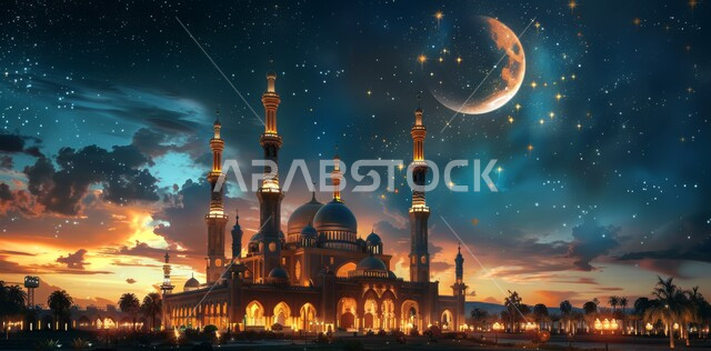 The concept of worship and drawing closer to God Almighty, celebrating the arrival of the month of goodness, Islamic religious holidays and occasions, 3D illustrations of illuminated mosque domes and minarets at night, view of the crescent moon of the blessed month of Ramadan in the sky