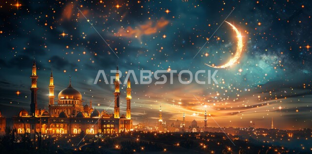 The concept of worship and drawing closer to God Almighty, celebrating the arrival of the month of goodness, Islamic religious holidays and occasions, 3D illustrations of illuminated mosque domes and minarets at night, view of the crescent moon of the blessed month of Ramadan in the sky